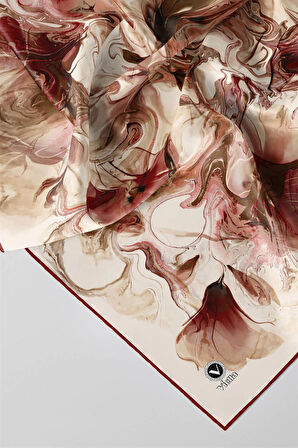 Twill Soyut Desenli Bordo Renkli 90x90 Eşarp (İpek İçermez) Kenar Dikiş Şekli El Dikişli