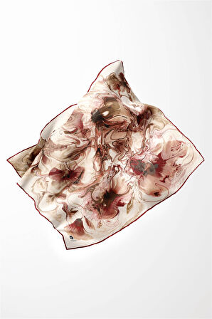 Twill Soyut Desenli Bordo Renkli 90x90 Eşarp (İpek İçermez) Kenar Dikiş Şekli El Dikişli