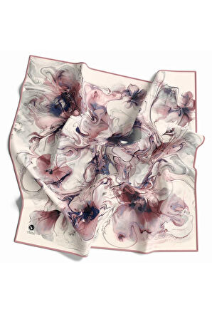 Twill Soyut Desenli Pudra Renkli 90x90 Eşarp (İpek İçermez) Kenar Dikiş Şekli El Dikişli