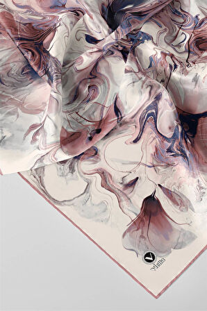 Twill Soyut Desenli Pudra Renkli 90x90 Eşarp (İpek İçermez) Kenar Dikiş Şekli El Dikişli