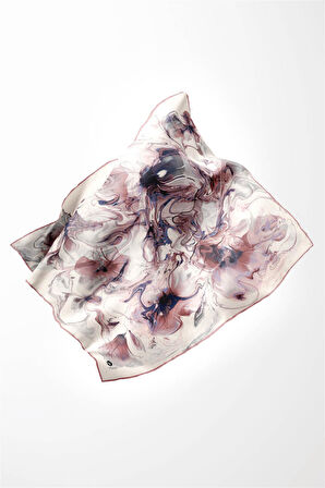 Twill Soyut Desenli Pudra Renkli 90x90 Eşarp (İpek İçermez) Kenar Dikiş Şekli El Dikişli