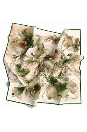 Twill Soyut Desenli Zümrüt Yeşili Renkli 90x90 Eşarp (İpek İçermez) Kenar Dikiş Şekli El Dikişli