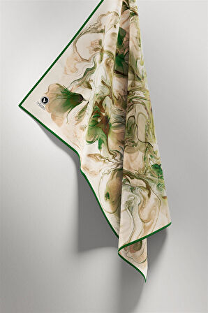 Twill Soyut Desenli Zümrüt Yeşili Renkli 90x90 Eşarp (İpek İçermez) Kenar Dikiş Şekli El Dikişli