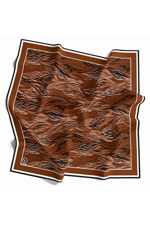 Twill Soyut Çizgi Desenli Taba Renkli 90x90 Eşarp (İpek İçermez) Kenar Dikiş Şekli El Dikişli