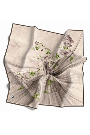 Twill Çiçekli Desenli Taş Renkli 90x90 Eşarp (İpek İçermez) Kenar Dikiş Şekli El Dikişli