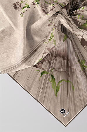 Twill Çiçekli Desenli Taş Renkli 90x90 Eşarp (İpek İçermez) Kenar Dikiş Şekli El Dikişli