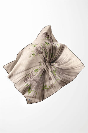 Twill Çiçekli Desenli Taş Renkli 90x90 Eşarp (İpek İçermez) Kenar Dikiş Şekli El Dikişli