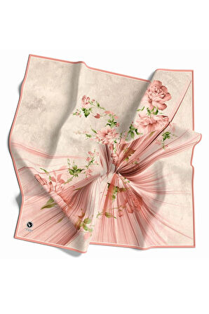 Twill Çiçekli Desenli Somon Renkli 90x90 Eşarp (İpek İçermez) Kenar Dikiş Şekli El Dikişli