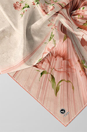 Twill Çiçekli Desenli Somon Renkli 90x90 Eşarp (İpek İçermez) Kenar Dikiş Şekli El Dikişli