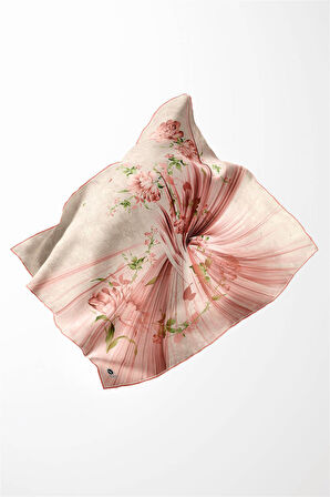 Twill Çiçekli Desenli Somon Renkli 90x90 Eşarp (İpek İçermez) Kenar Dikiş Şekli El Dikişli