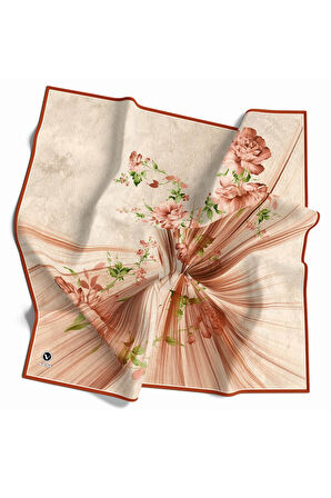 Twill Çiçekli Desenli Taba Renkli 90x90 Eşarp (İpek İçermez) Kenar Dikiş Şekli El Dikişli
