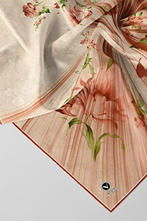 Twill Çiçekli Desenli Taba Renkli 90x90 Eşarp (İpek İçermez) Kenar Dikiş Şekli El Dikişli