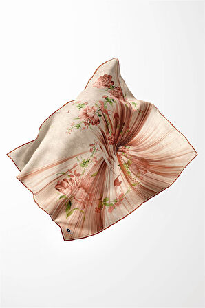 Twill Çiçekli Desenli Taba Renkli 90x90 Eşarp (İpek İçermez) Kenar Dikiş Şekli El Dikişli