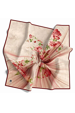 Twill Çiçekli Desenli Bordo Renkli 90x90 Eşarp (İpek İçermez) Kenar Dikiş Şekli El Dikişli