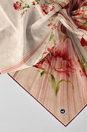 Twill Çiçekli Desenli Bordo Renkli 90x90 Eşarp (İpek İçermez) Kenar Dikiş Şekli El Dikişli