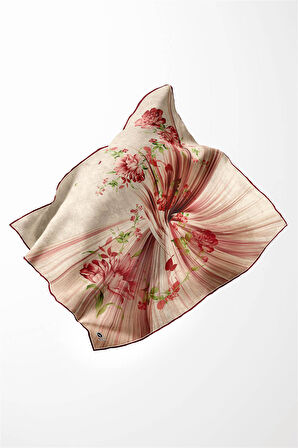 Twill Çiçekli Desenli Bordo Renkli 90x90 Eşarp (İpek İçermez) Kenar Dikiş Şekli El Dikişli
