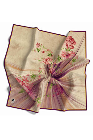 Twill Çiçekli Desenli Mürdüm Renkli 90x90 Eşarp (İpek İçermez) Kenar Dikiş Şekli El Dikişli