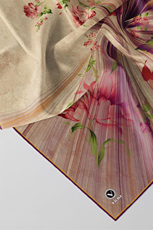 Twill Çiçekli Desenli Mürdüm Renkli 90x90 Eşarp (İpek İçermez) Kenar Dikiş Şekli El Dikişli