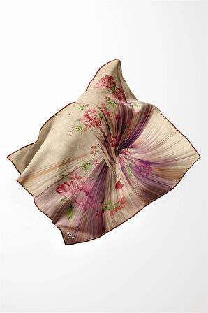 Twill Çiçekli Desenli Mürdüm Renkli 90x90 Eşarp (İpek İçermez) Kenar Dikiş Şekli El Dikişli