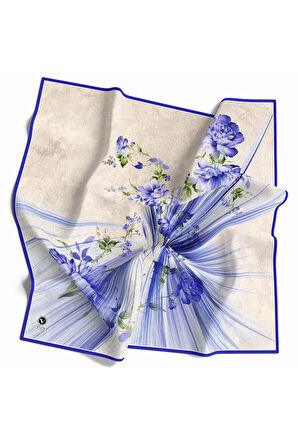 Twill Çiçekli Desenli Saks Renkli 90x90 Eşarp (İpek İçermez) Kenar Dikiş Şekli El Dikişli