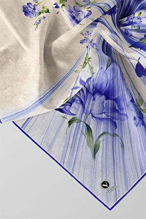 Twill Çiçekli Desenli Saks Renkli 90x90 Eşarp (İpek İçermez) Kenar Dikiş Şekli El Dikişli