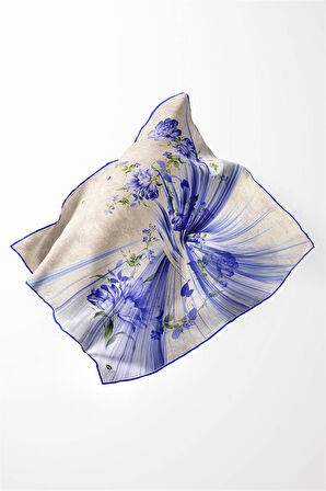 Twill Çiçekli Desenli Saks Renkli 90x90 Eşarp (İpek İçermez) Kenar Dikiş Şekli El Dikişli