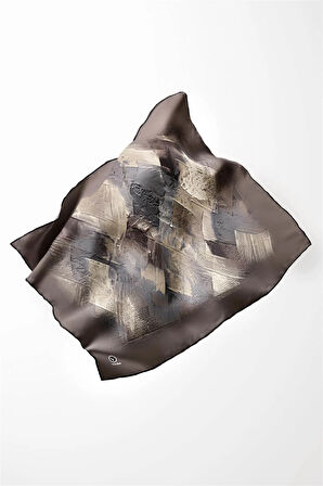 Twill Fırça Efektli Desenli Taş Renkli 90x90 Eşarp (İpek İçermez) Kenar Dikiş Şekli El Dikişli