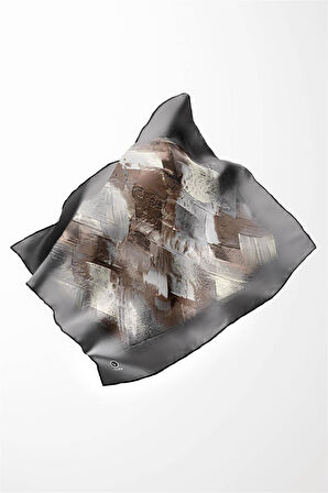 Twill Fırça Efektli Desenli Gri Renkli 90x90 Eşarp (İpek İçermez) Kenar Dikiş Şekli El Dikişli