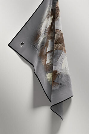 Twill Fırça Efektli Desenli Gri Renkli 90x90 Eşarp (İpek İçermez) Kenar Dikiş Şekli El Dikişli