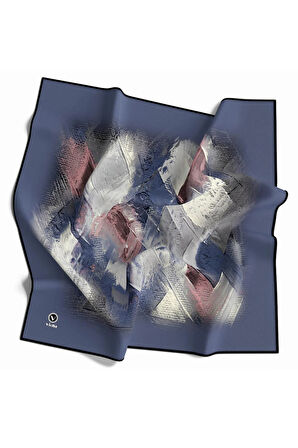 Twill Fırça Efektli Desenli İndigo Renkli 90x90 Eşarp (İpek İçermez) Kenar Dikiş Şekli El Dikişli