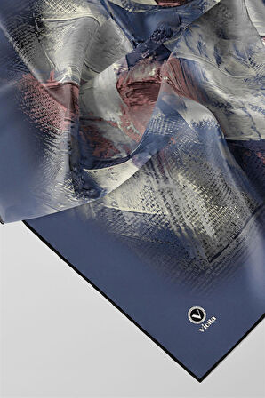 Twill Fırça Efektli Desenli İndigo Renkli 90x90 Eşarp (İpek İçermez) Kenar Dikiş Şekli El Dikişli