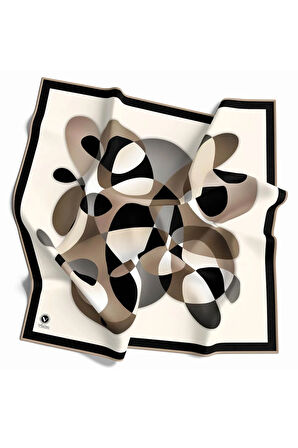 Twill Geometrik Desenli Bej Renkli 90x90 Eşarp (İpek İçermez) Kenar Dikiş Şekli El Dikişli