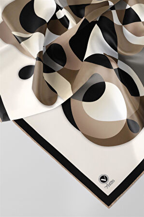 Twill Geometrik Desenli Bej Renkli 90x90 Eşarp (İpek İçermez) Kenar Dikiş Şekli El Dikişli