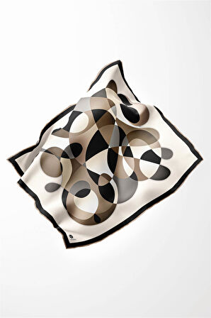 Twill Geometrik Desenli Bej Renkli 90x90 Eşarp (İpek İçermez) Kenar Dikiş Şekli El Dikişli