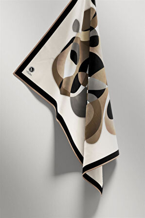 Twill Geometrik Desenli Bej Renkli 90x90 Eşarp (İpek İçermez) Kenar Dikiş Şekli El Dikişli