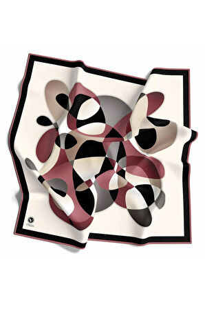 Twill Geometrik Desenli Pudra Renkli 90x90 Eşarp (İpek İçermez) Kenar Dikiş Şekli El Dikişli
