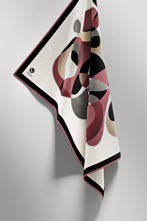 Twill Geometrik Desenli Pudra Renkli 90x90 Eşarp (İpek İçermez) Kenar Dikiş Şekli El Dikişli