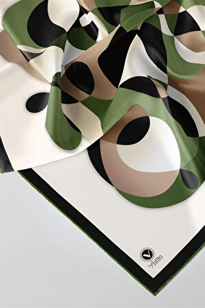 Twill Geometrik Desenli Zümrüt Yeşili Renkli 90x90 Eşarp (İpek İçermez) Kenar Dikiş Şekli El Dikişli