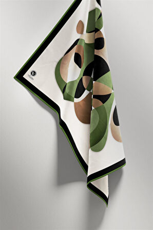 Twill Geometrik Desenli Zümrüt Yeşili Renkli 90x90 Eşarp (İpek İçermez) Kenar Dikiş Şekli El Dikişli