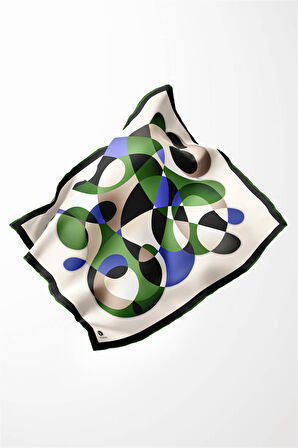 Twill Geometrik Desenli Zümrüt Yeşili - Saks Renkli 90x90 Eşarp (İpek İçermez) Kenar Dikiş Şekli El Dikişli