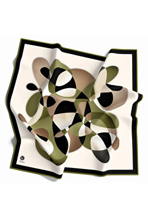 Twill Geometrik Desenli Haki Renkli 90x90 Eşarp (İpek İçermez) Kenar Dikiş Şekli El Dikişli