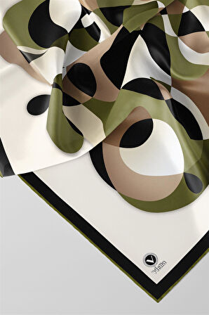 Twill Geometrik Desenli Haki Renkli 90x90 Eşarp (İpek İçermez) Kenar Dikiş Şekli El Dikişli