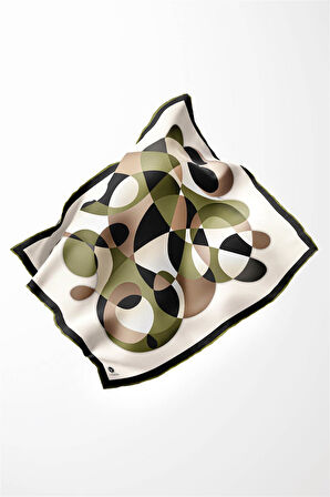 Twill Geometrik Desenli Haki Renkli 90x90 Eşarp (İpek İçermez) Kenar Dikiş Şekli El Dikişli