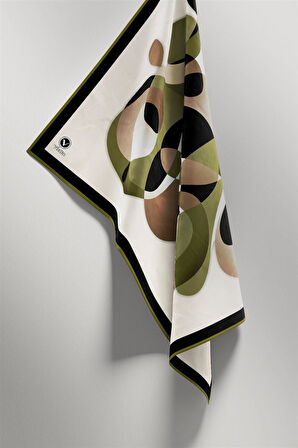 Twill Geometrik Desenli Haki Renkli 90x90 Eşarp (İpek İçermez) Kenar Dikiş Şekli El Dikişli