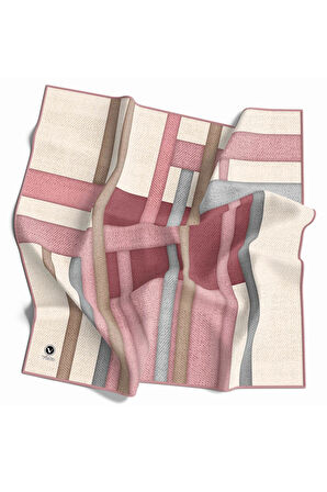 Twill Renkli Şerit Desenli Pudra Renkli 90x90 Eşarp (İpek İçermez) Kenar Dikiş Şekli El Dikişli