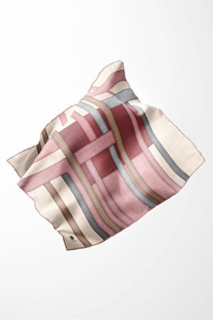 Twill Renkli Şerit Desenli Pudra Renkli 90x90 Eşarp (İpek İçermez) Kenar Dikiş Şekli El Dikişli