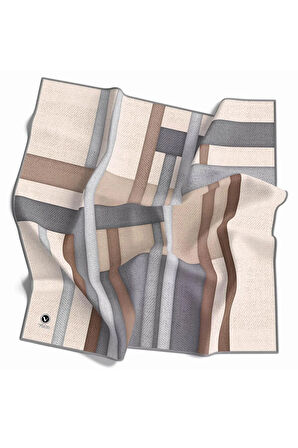 Twill Renkli Şerit Desenli Gri Renkli 90x90 Eşarp (İpek İçermez) Kenar Dikiş Şekli El Dikişli
