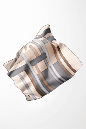 Twill Renkli Şerit Desenli Gri Renkli 90x90 Eşarp (İpek İçermez) Kenar Dikiş Şekli El Dikişli