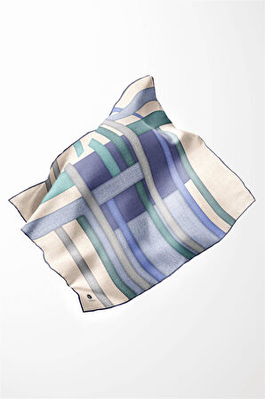 Twill Renkli Şerit Desenli İndigo Renkli 90x90 Eşarp (İpek İçermez) Kenar Dikiş Şekli El Dikişli
