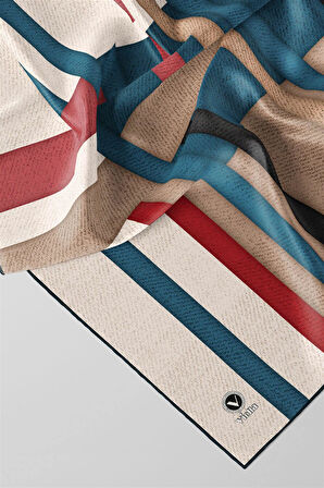 Twill Renkli Şerit Desenli Petrol Mavisi Renkli 90x90 Eşarp (İpek İçermez) Kenar Dikiş Şekli El Dikişli